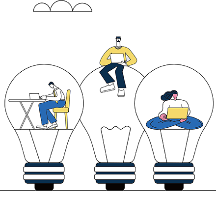 3 Glühbirnen auf und in denen 3 Personen sitzen und arbeiten 3 Glühbirnen auf und in denen 3 Personen sitzen und arbeiten