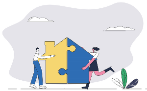 Zwei Personen fügen Puzzleteile in Form eines Hauses zusammen. Symbol für Zusammenarbeit beim Wohnungsbau.